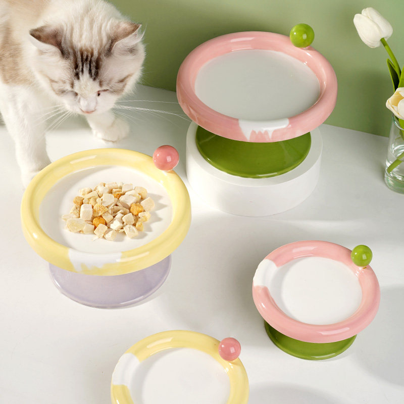Elevated Shallow Ceramic Pet Bowl Wide Mouth Neck Protecting Anti Spill