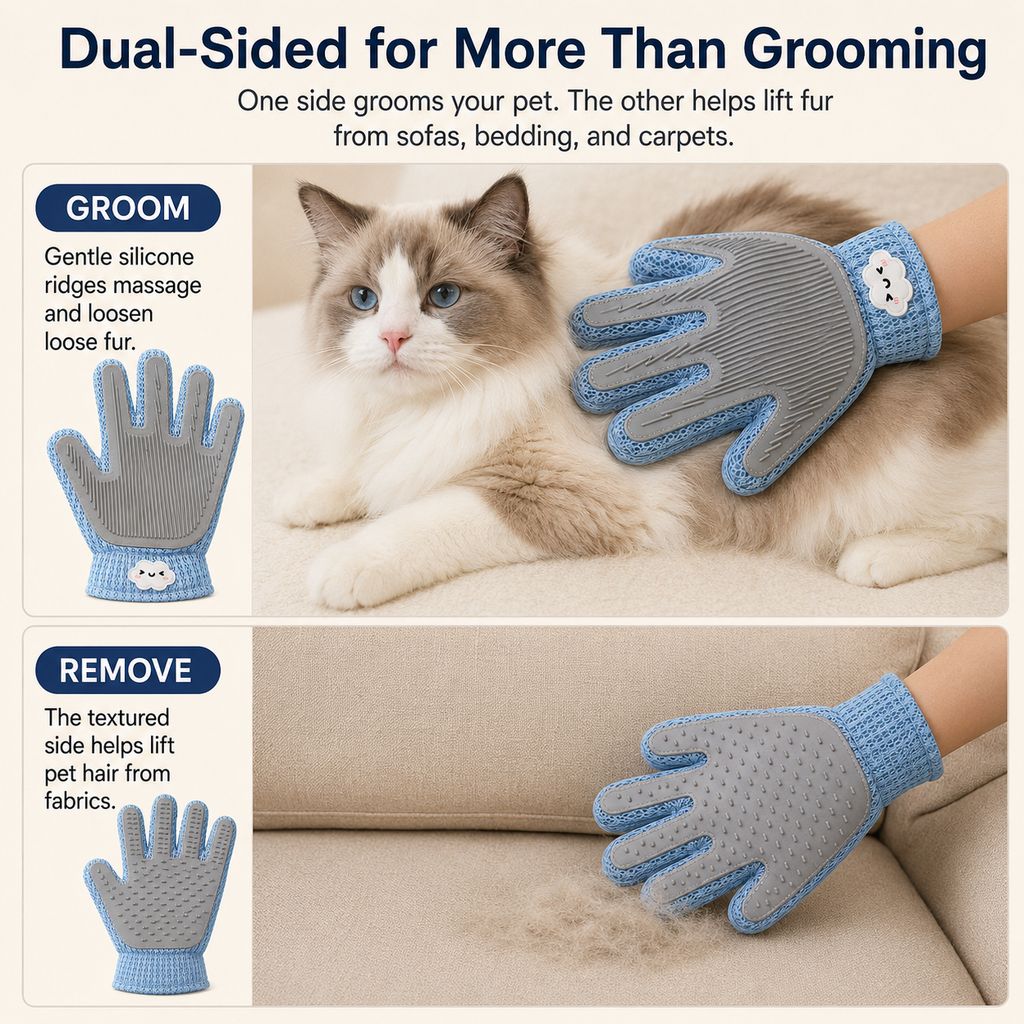 Dual-Sided Pet Grooming Glove for Couch & Bath Time - Gentle Deshedding, Massage & Fur Cleanup for Cats &Dogs