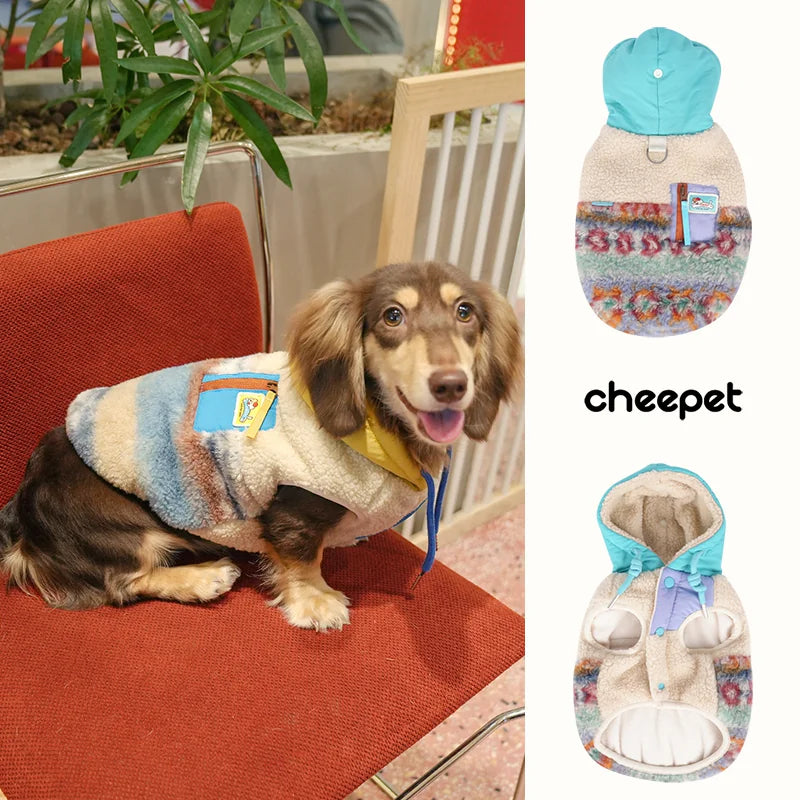 Hooded Dog Jacket with Patterned Fleece Panels