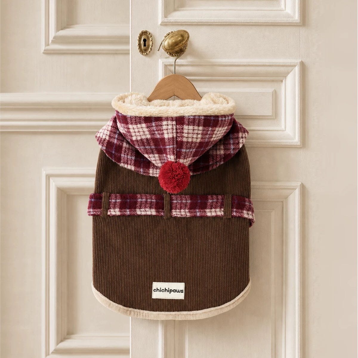 Hooded Dog Cape with Plaid Panels and Plush Lining
