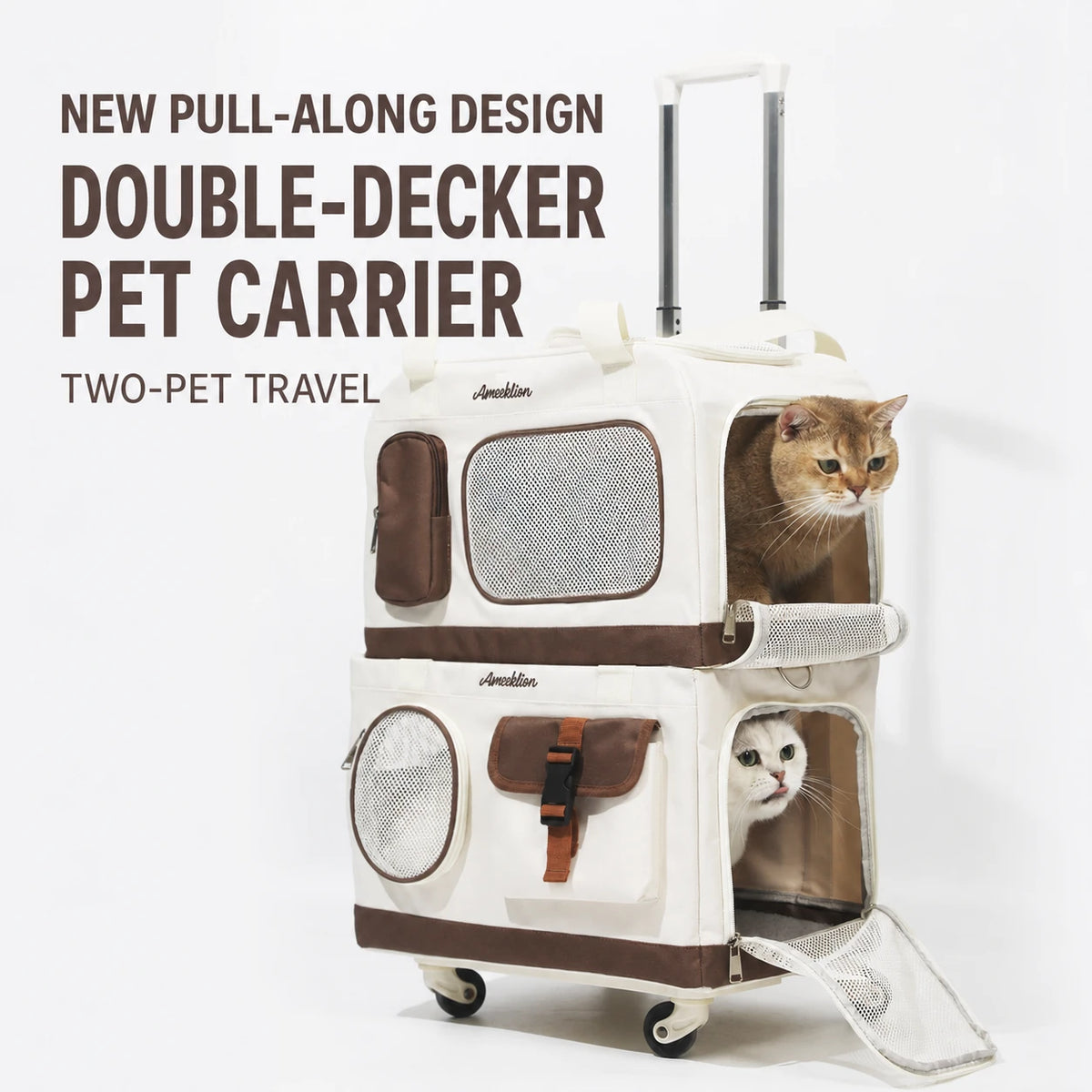 Stackable Wheeled Cat Carrier for 2 Cats