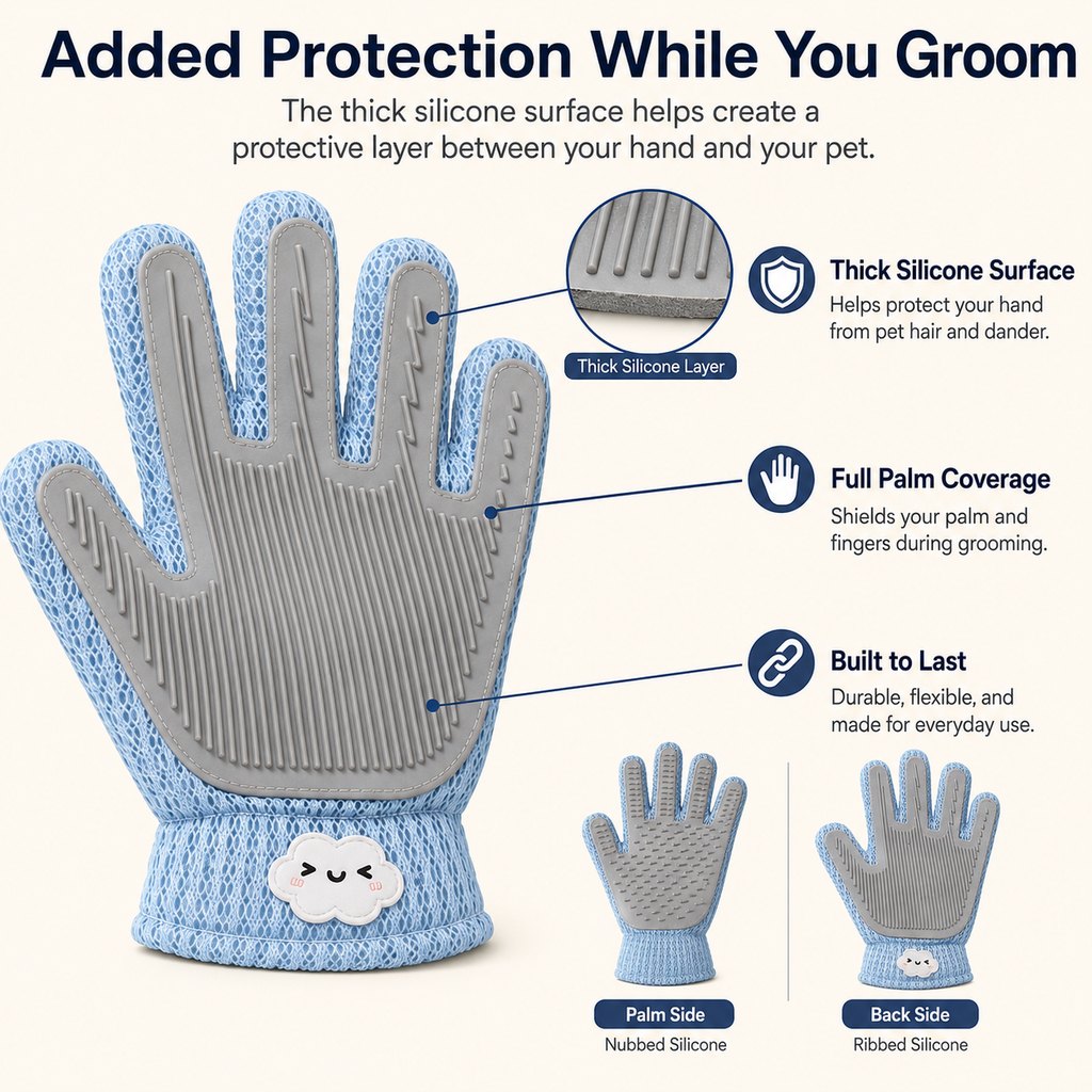 Dual-Sided Pet Grooming Glove for Couch & Bath Time - Gentle Deshedding, Massage & Fur Cleanup for Cats &Dogs
