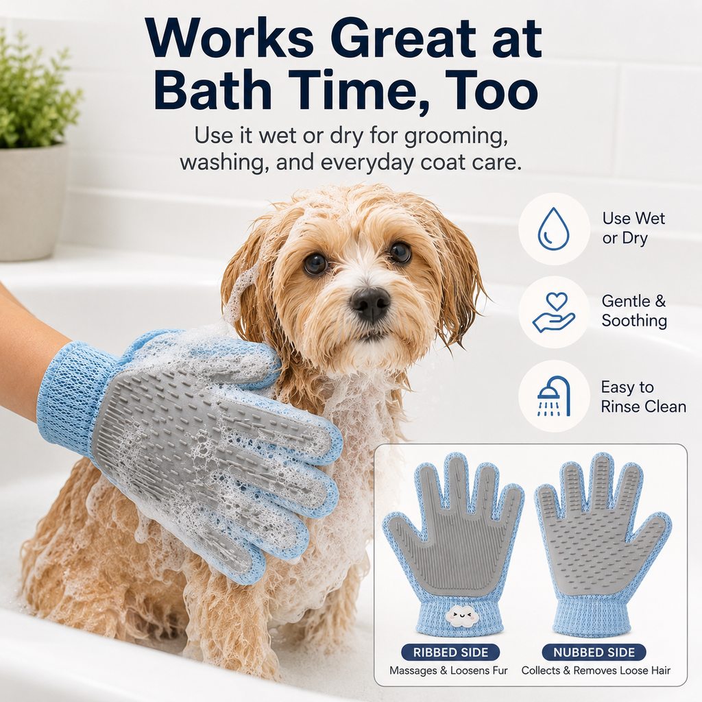 Dual-Sided Pet Grooming Glove for Couch & Bath Time - Gentle Deshedding, Massage & Fur Cleanup for Cats &Dogs