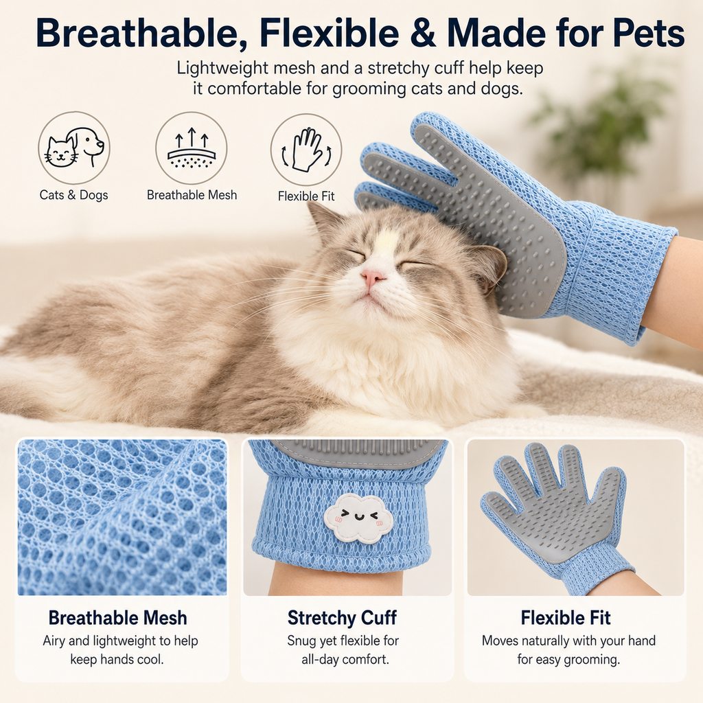 Dual-Sided Pet Grooming Glove for Couch & Bath Time - Gentle Deshedding, Massage & Fur Cleanup for Cats &Dogs