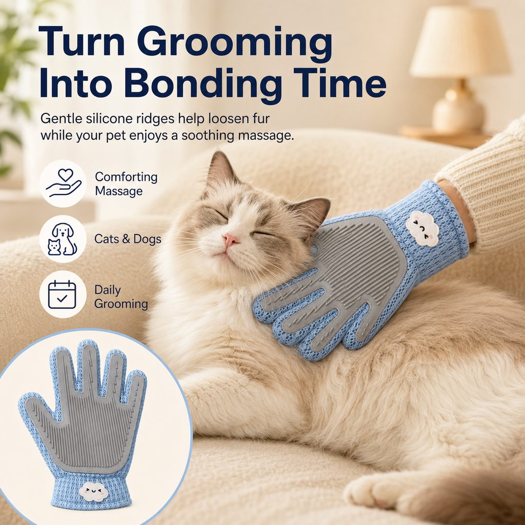 Dual-Sided Pet Grooming Glove for Couch & Bath Time - Gentle Deshedding, Massage & Fur Cleanup for Cats &Dogs