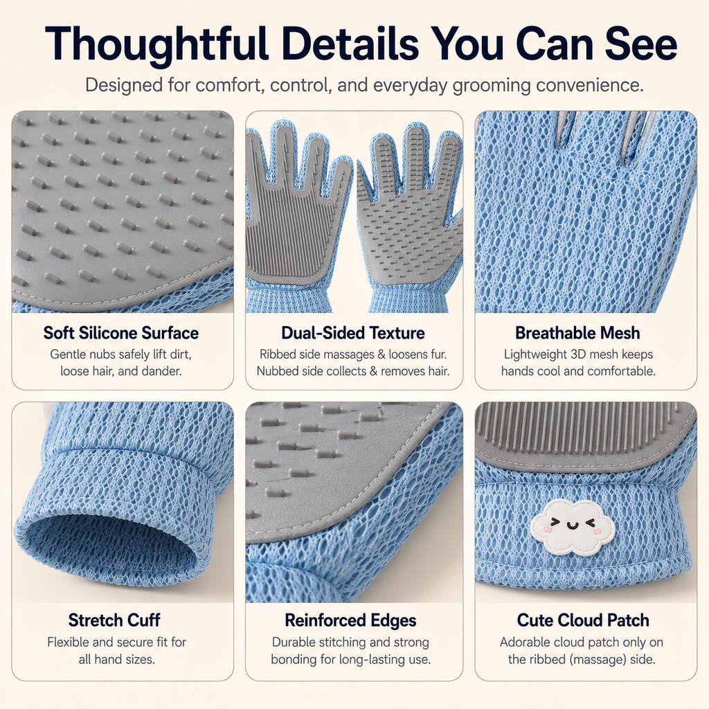 Dual-Sided Pet Grooming Glove for Couch & Bath Time - Gentle Deshedding, Massage & Fur Cleanup for Cats &Dogs