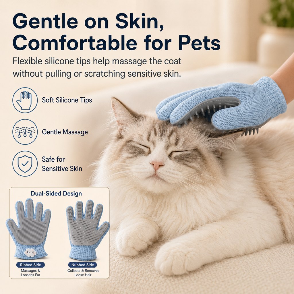 Dual-Sided Pet Grooming Glove for Couch & Bath Time - Gentle Deshedding, Massage & Fur Cleanup for Cats &Dogs