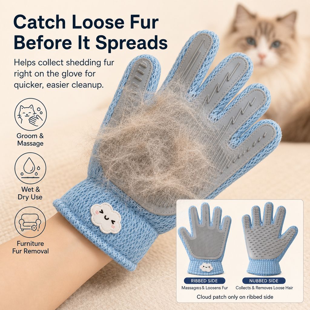 Dual-Sided Pet Grooming Glove for Couch & Bath Time - Gentle Deshedding, Massage & Fur Cleanup for Cats &Dogs