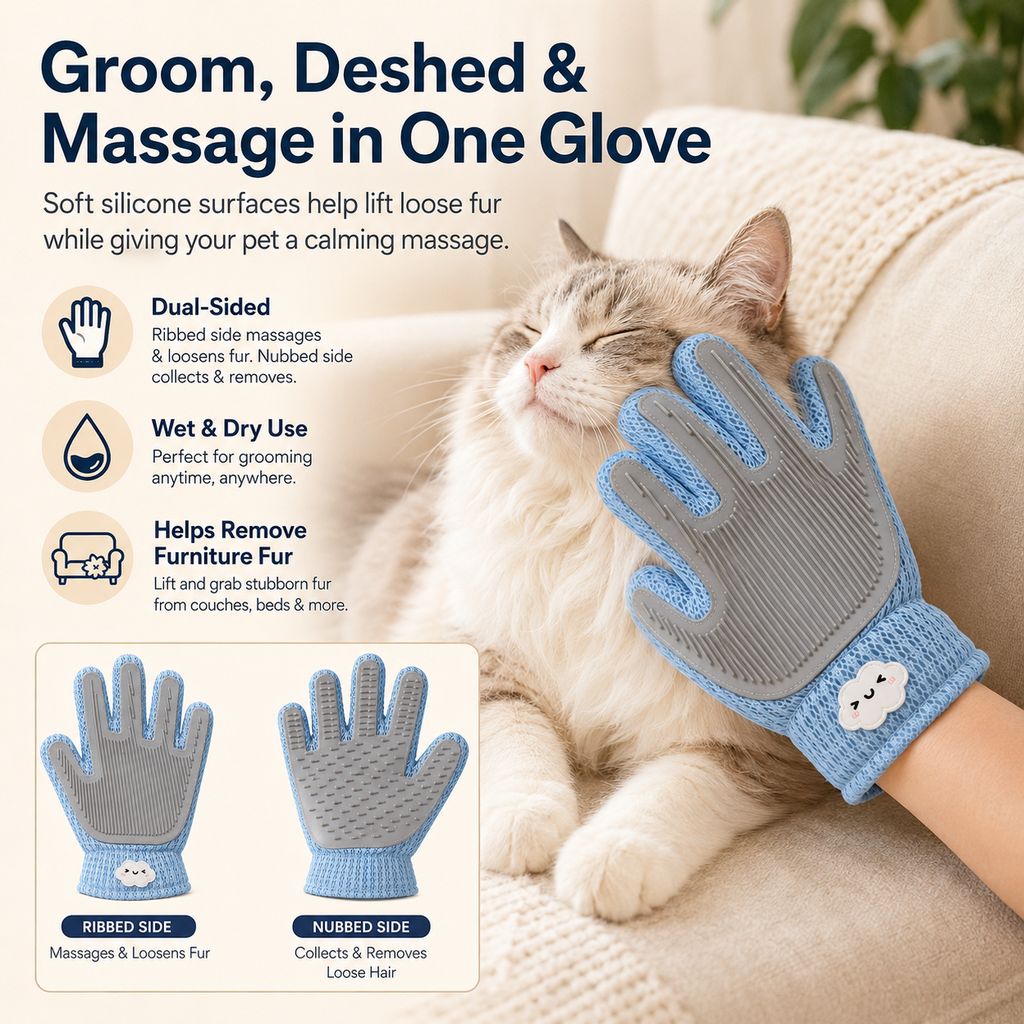 Dual-Sided Pet Grooming Glove for Couch & Bath Time - Gentle Deshedding, Massage & Fur Cleanup for Cats &Dogs