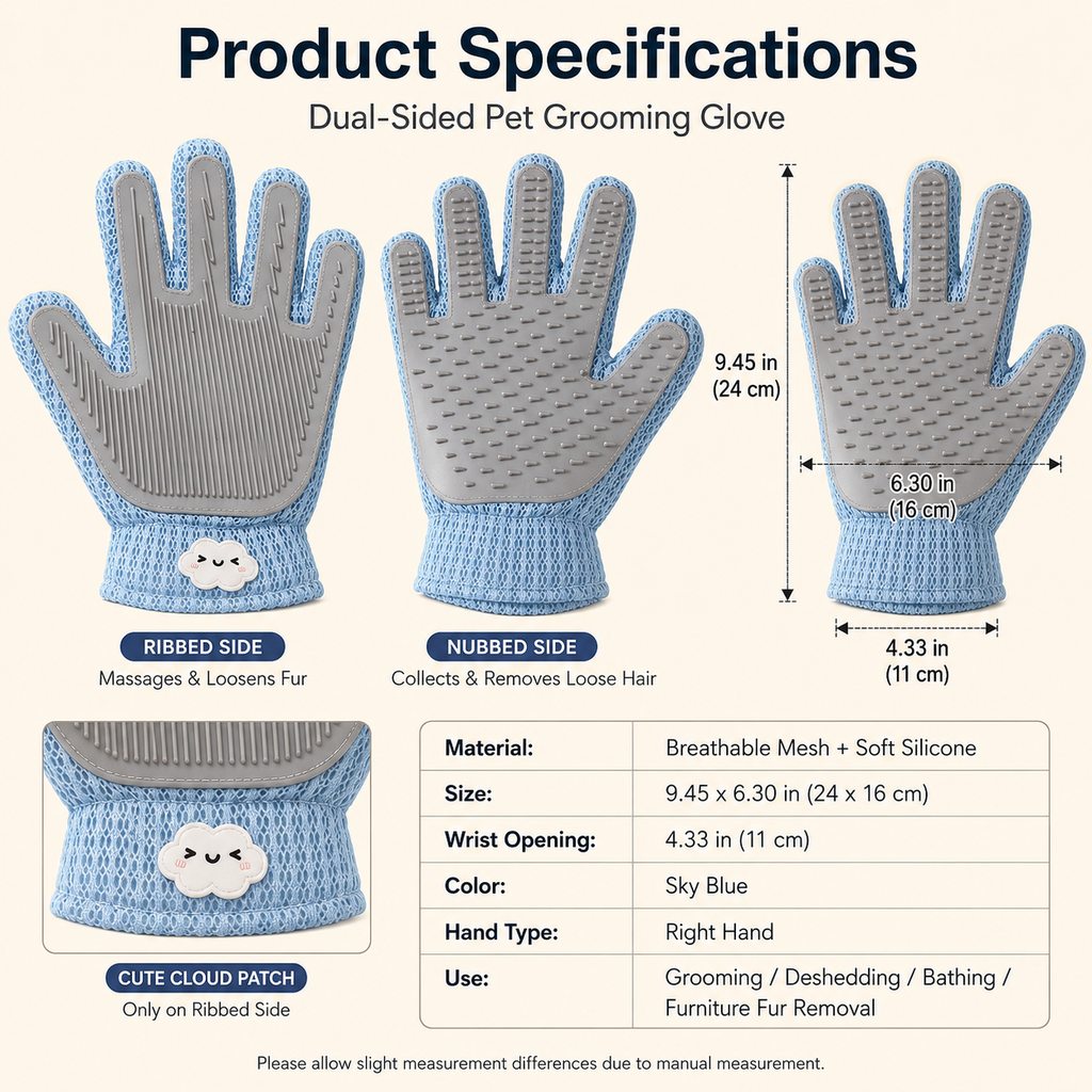 Dual-Sided Pet Grooming Glove for Couch & Bath Time - Gentle Deshedding, Massage & Fur Cleanup for Cats &Dogs