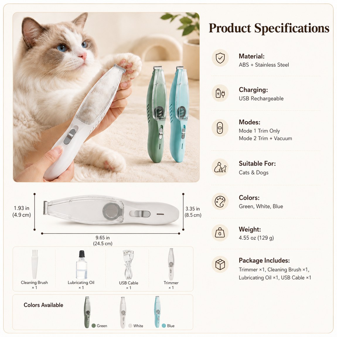 Pet Paw Trimmer with Built-In Vacuum for Cats & Dogs - Low-Noise Detail Groomer for Paws, Ears & Loose Fur Cleanup