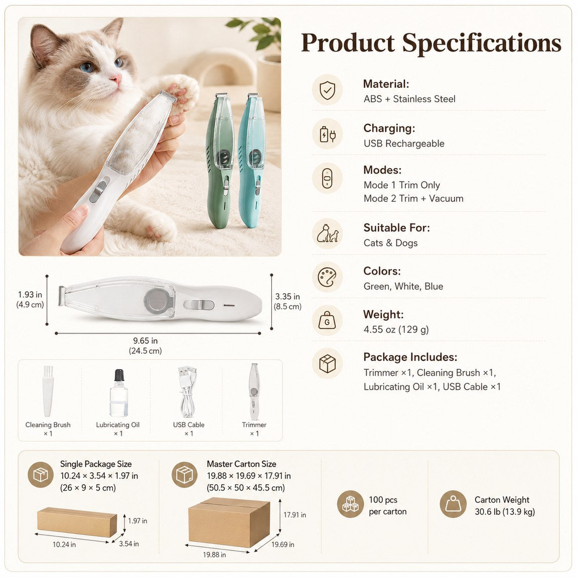 Pet Paw Trimmer with Built-In Vacuum for Cats & Dogs - Low-Noise Detail Groomer for Paws, Ears & Loose Fur Cleanup
