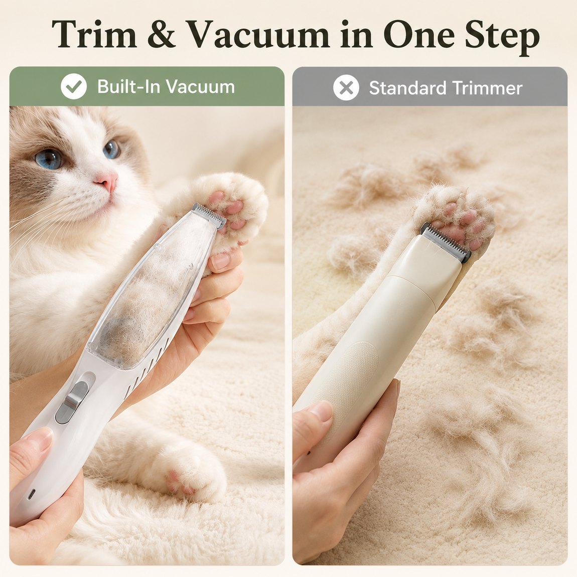 Pet Paw Trimmer with Built-In Vacuum for Cats & Dogs - Low-Noise Detail Groomer for Paws, Ears & Loose Fur Cleanup