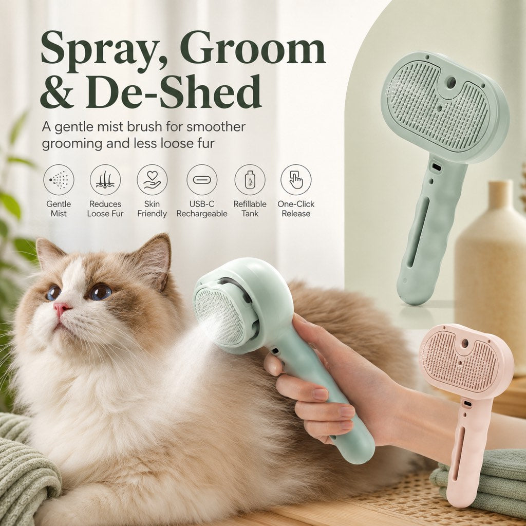 Pet Spray Grooming Brush for Cats & Dogs - Gentle Mist De-Shedding Comb for Loose Fur, Flying Hair & Daily Care