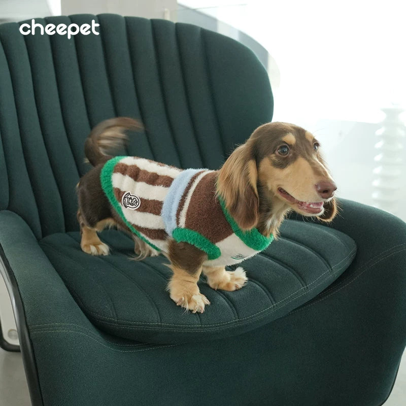 Dog Sweater Vest with Vertical Stripes and Ribbed Trim