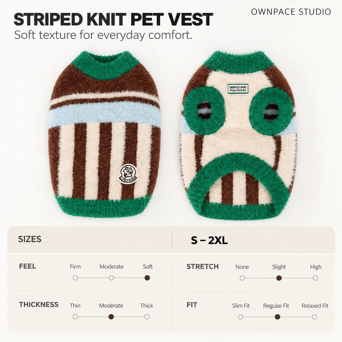 Dog Sweater Vest with Vertical Stripes and Ribbed Trim
